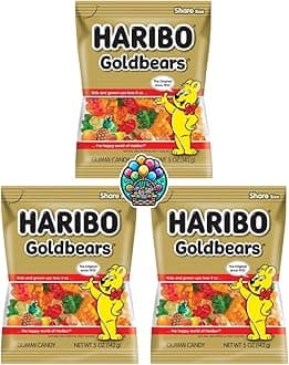 Gold Bears Gummy Chewy Candy - 5oz. (Pack of 3) Share Size Peg Bags for Halloween, Christmas and more in a NikAn Supplies Bag (GoldBears)
