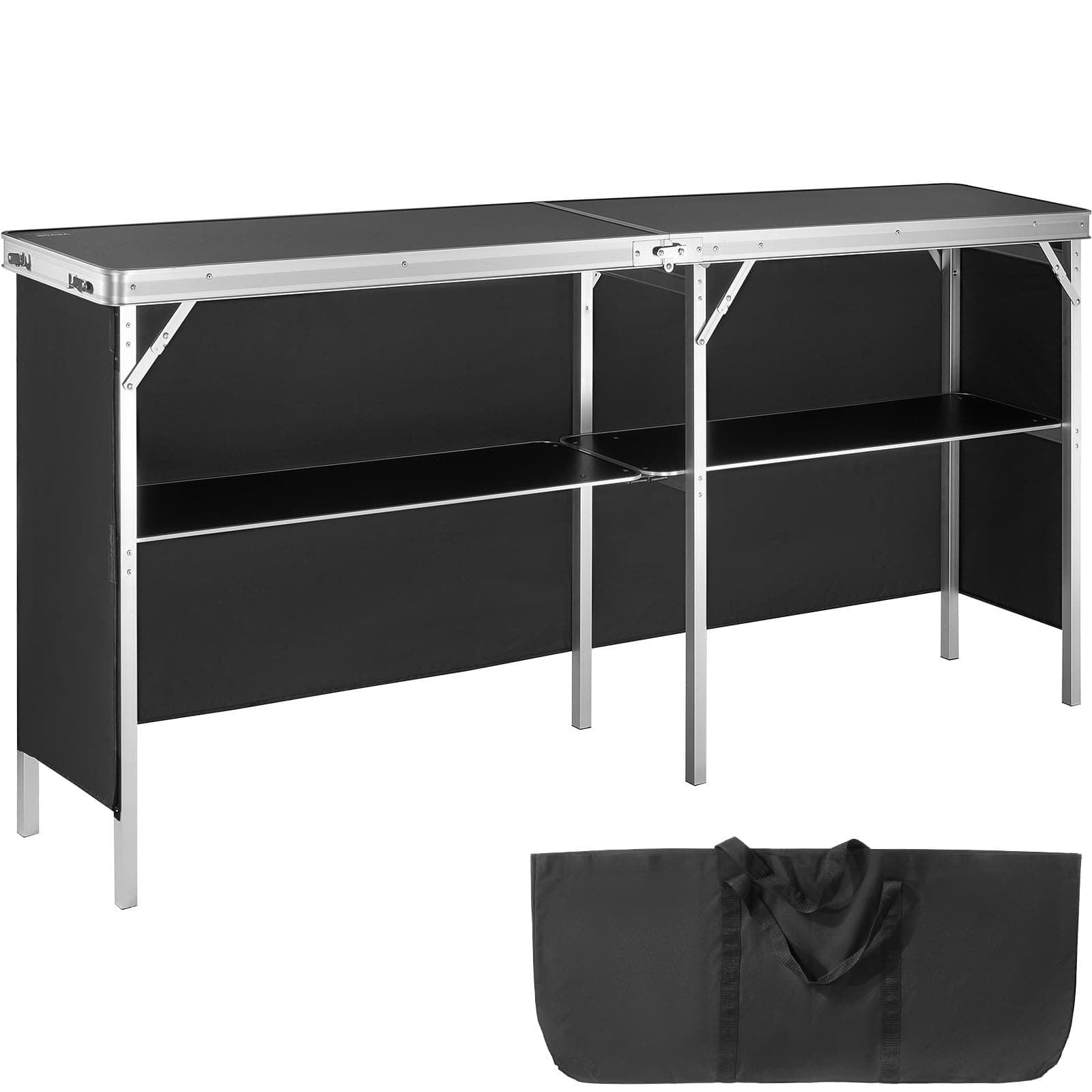 VEVOR Extra Long Folding Portable Bar Table, Tradeshow Podium Table for Indoor, Outdoor, Party, Picnic, Exhibition, Includes Carrying Case, Storage Shelf and Black Skirt, 77.95" x 15.16" x 34.65"
