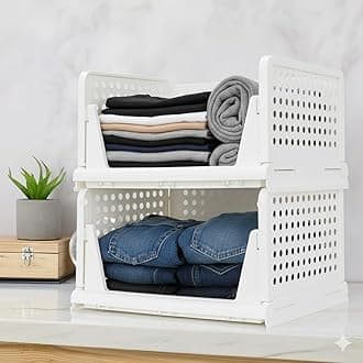 MECHDEL | Wardrobe Organizer For Clothes | Cupboard Organizer | Foldable Shirt Stacker Box | Cloth Box for Almirah | Closet Storage Basket |Plastic Stackable Closet Organizer (White, 2PCS)