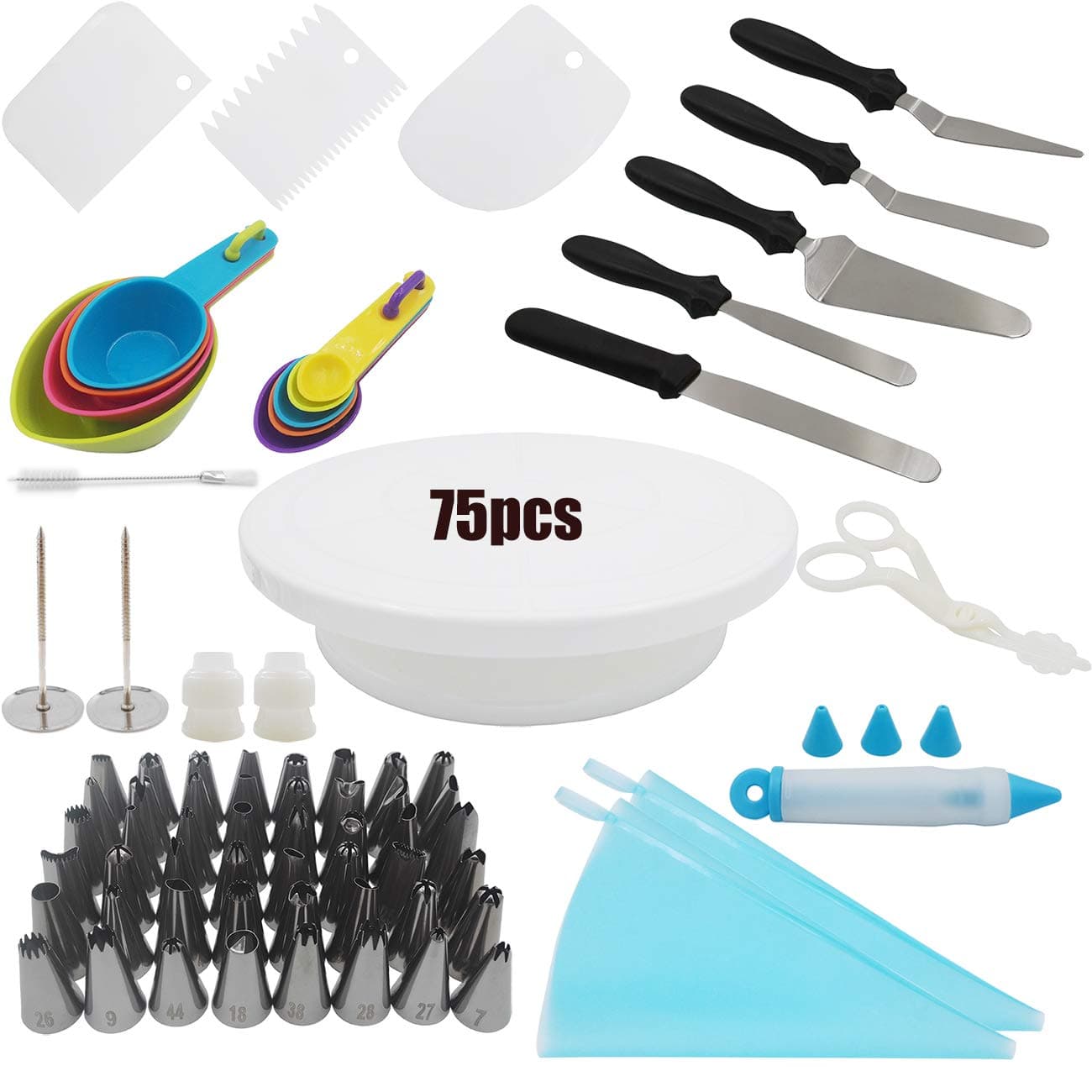 75pcs Cake Decorating Supplies Kit for beginner.Cake Turntable Stand,48 PCS Icing Tips,2 Pastry Bags,2 Cake Flower Nail,4 Icing & Angled Spatula,5 Measuring Spoons,4 Cups and More Accessories!