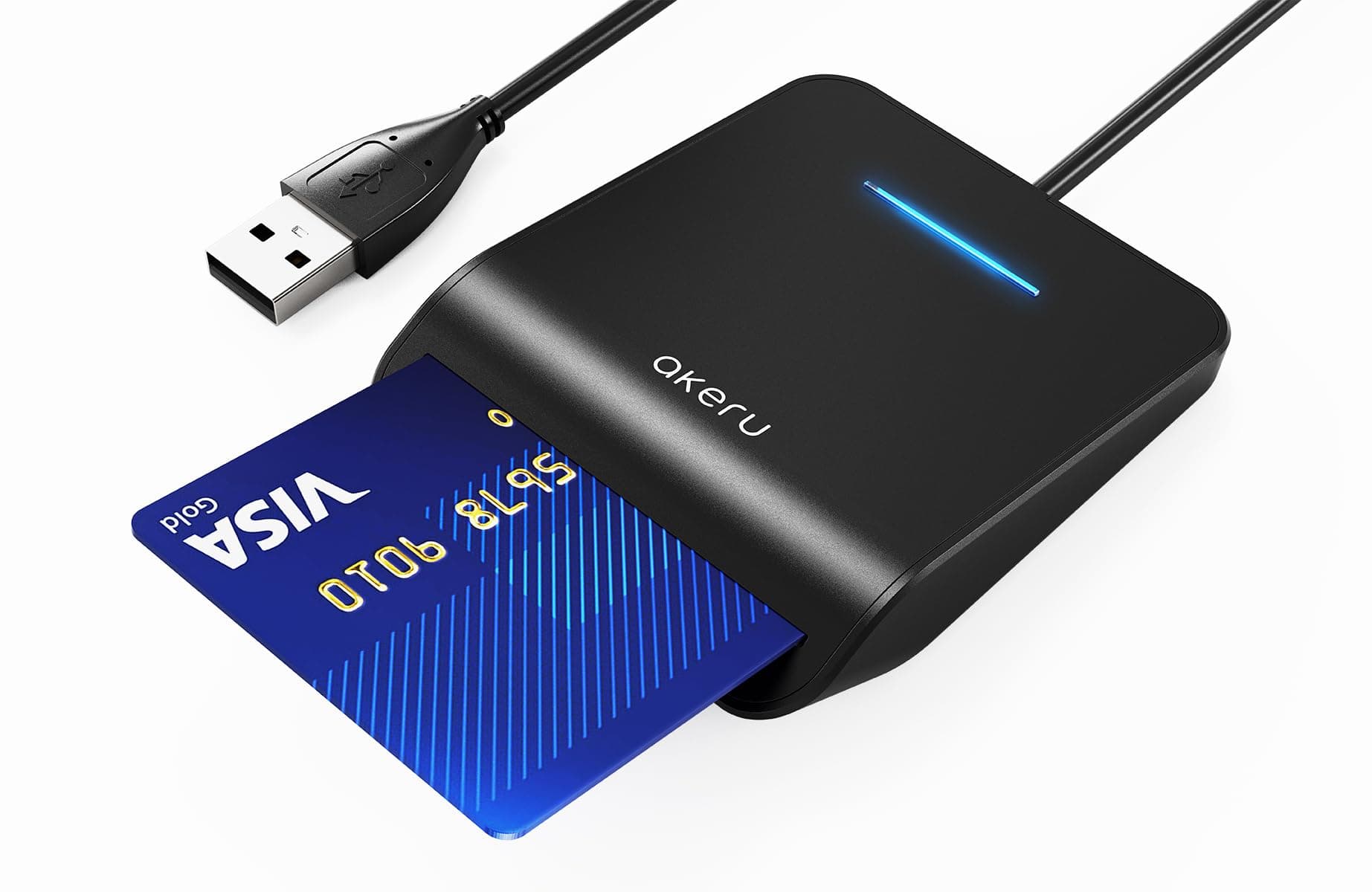 AKERU CAC Card Reader with LED Indicator, DOD Military Common Access, (5 feet Long Cable). Universal Compatibility, Compact PIV Smart Card Reader Compatible with Windows, Mac OS– Black [EAL-20]