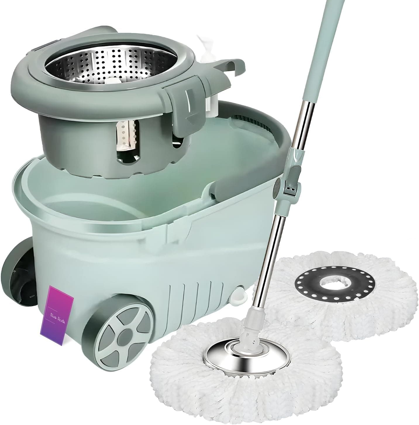 MedMadMulti Functional Spin Mops for Floor Cleaning w/Bucket- Stainless Steel Floor Wiper Microfiber 360 Spin Mop w/Basket w/ 125cm Extended Foldable Handle Microfiber Mop, 2x Wheel