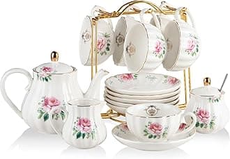 Sweejar Porcelain Tea Sets British Royal Series, 8 OZ Cups & Saucer Service for 6, with Teapot Sugar Bowl Cream Pitcher Teaspoons and Tea Strainer, Suitable for High Tea, Wedding, Party(Blush Pink)