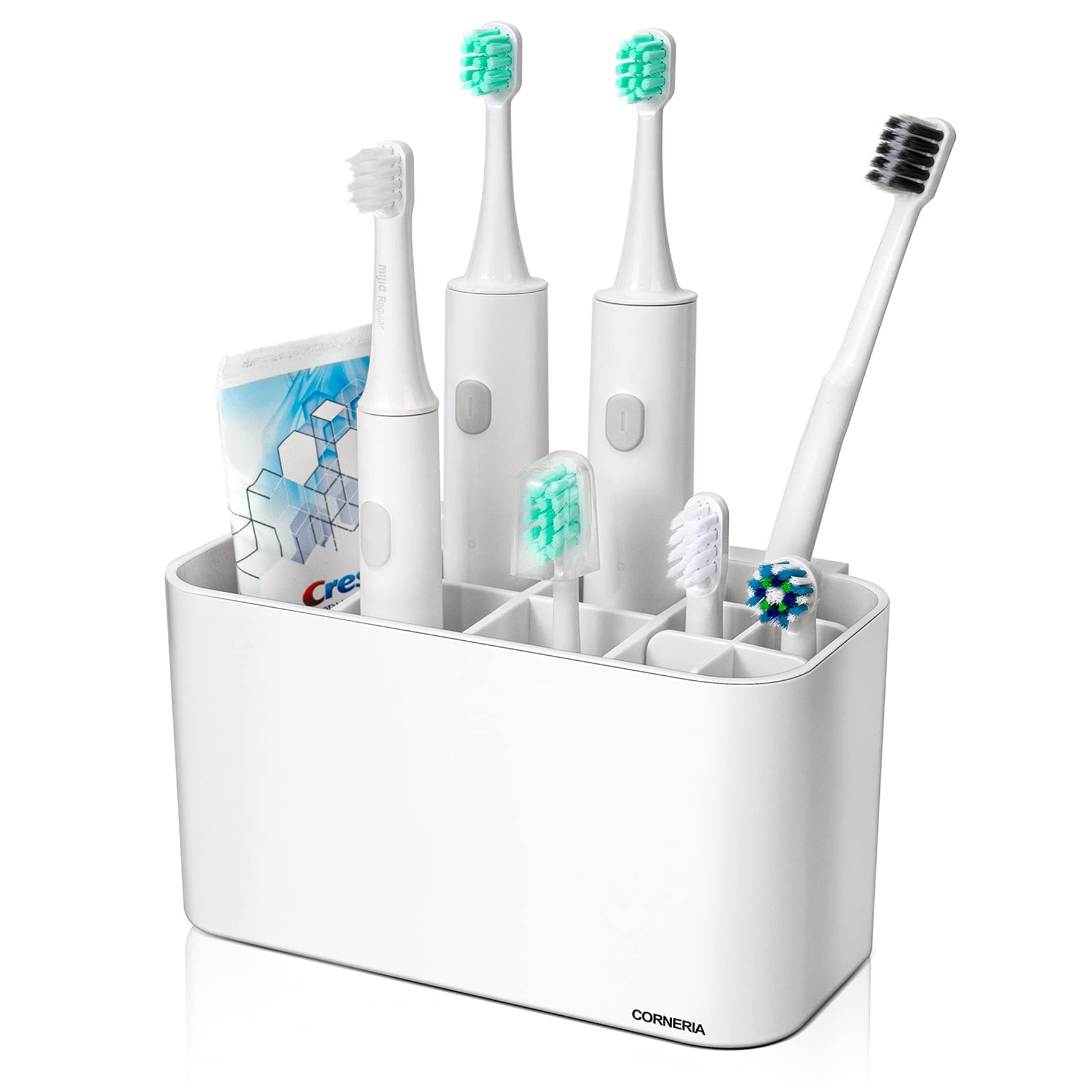 CORNERIA Toothbrush Holder - Bathroom Wall Mounted Toothbrush Caddy - Toothpaste Stand (4 Toothbrush slots + 6 Electric toothbrush heads) (White)