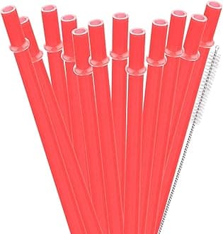 Dakoufish 12 Piece 11 Inch Reusable Plastic Thick Drinking Straws BPA Free Mason Jar Straws Plain Color (11inch,Red)