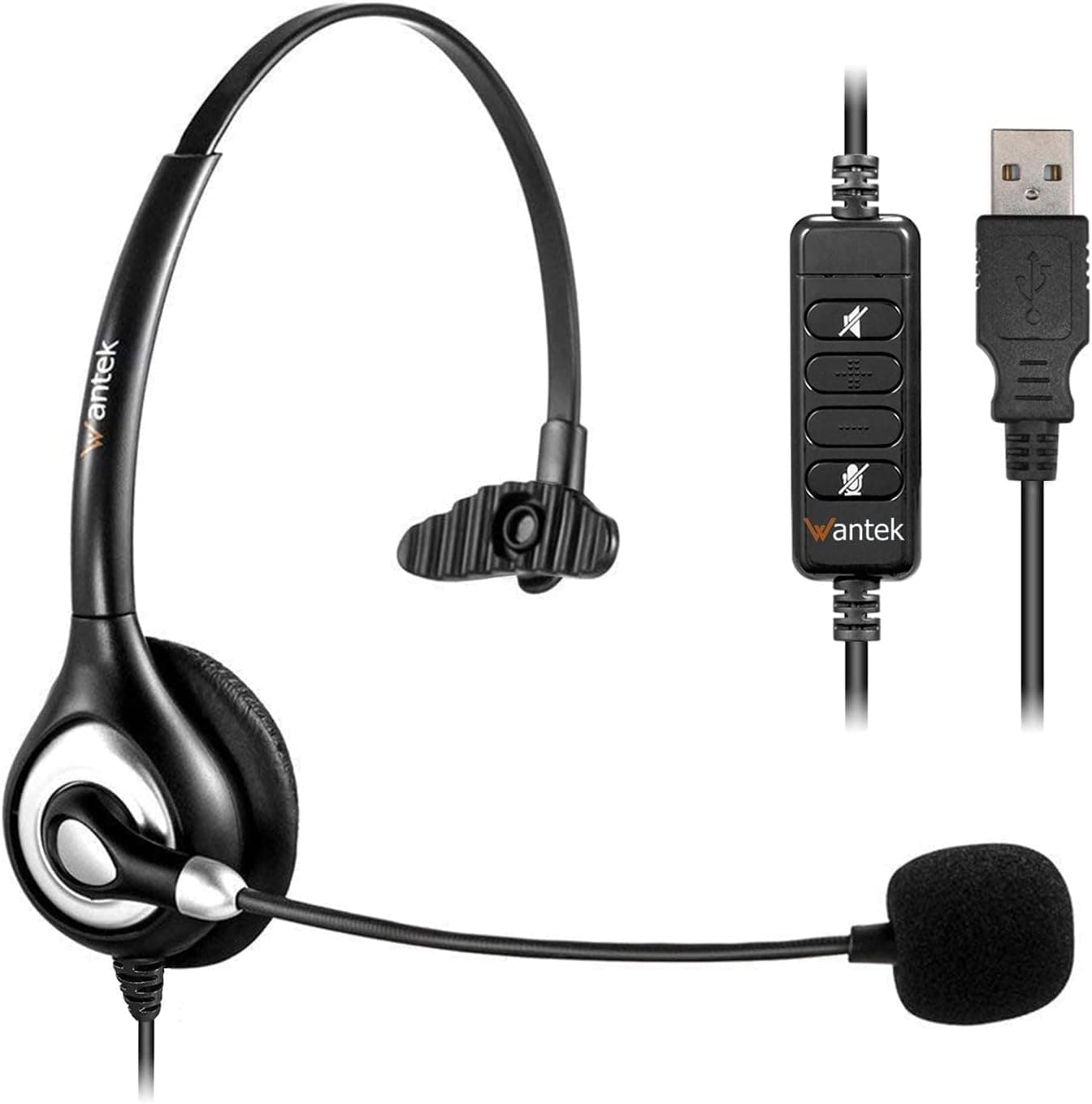 Wantek Headset with Microphone Mono 601N USB/Type-C Headset for PC Computer Laptop with Noise Cancelling Microphone and Call Control for Call Center Business Online Conference
