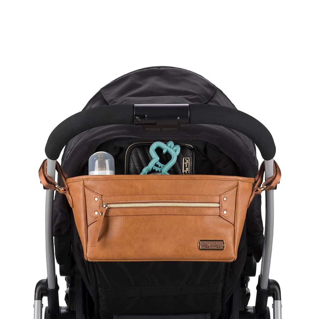 Itzy Ritzy Adjustable Stroller Caddy/Organizer - Stroller Organizer Bag Featuring Front Zippered Pocket, 2 Built-in Interior Pockets & Adjustable Straps to Fit Nearly Any Stroller (Cognac)