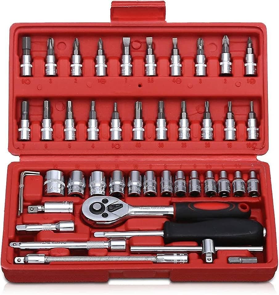 Heavy Duty Tool Box & screw driver kit For Home Use| Multipurpose Combination Ratchet Socket Wrench Tool Kit | Auto Repair Tool Set 46 Pcs Set (Red)