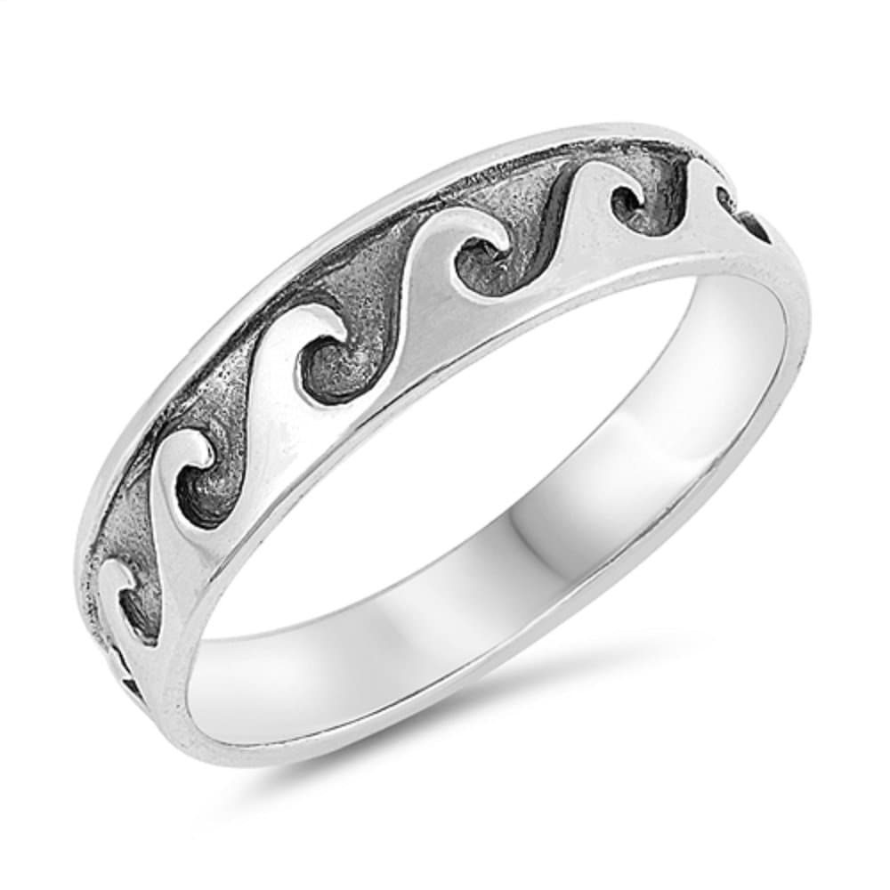 CloseoutWarehouse Oxidized Sterling Silver Engraved Ocean Waves Band Ring