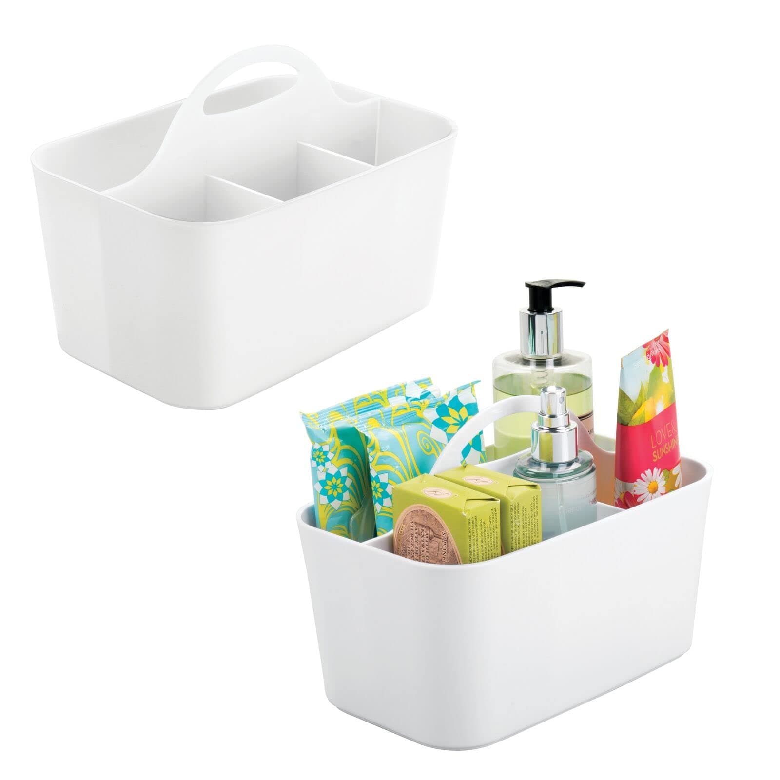 mDesignSmall Plastic Shower/Bath Storage Organizer Caddy Tote with Handle - Dorm, Shelf, Cabinet - Soap, Shampoo, Conditioner, Combs, Brushes, Lumiere Collection, 2 Pack, White