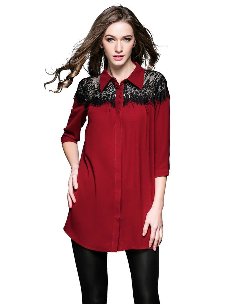 Gressa Womens Turndown Collar Half Sleeve Lace Shoulder Button-Front Blouse Top US/16