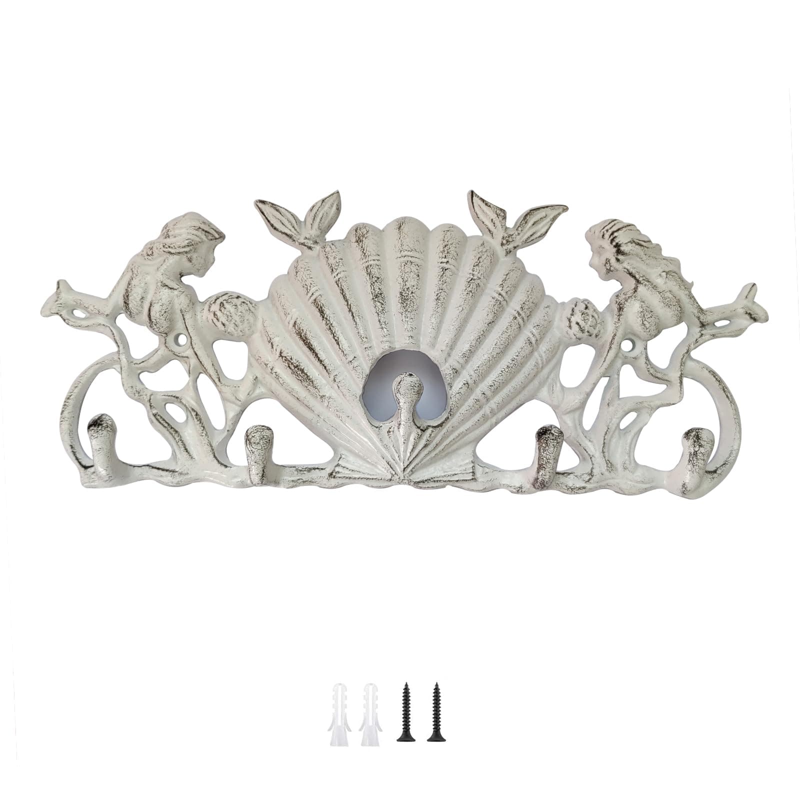 Rustic Cast Iron Mermaid Coat Rack Wall Mount, Decorative Mermaid Wall Hooks Hangers w/4 Hooks for Hanging Towels Coats Keys Hats (A-White)