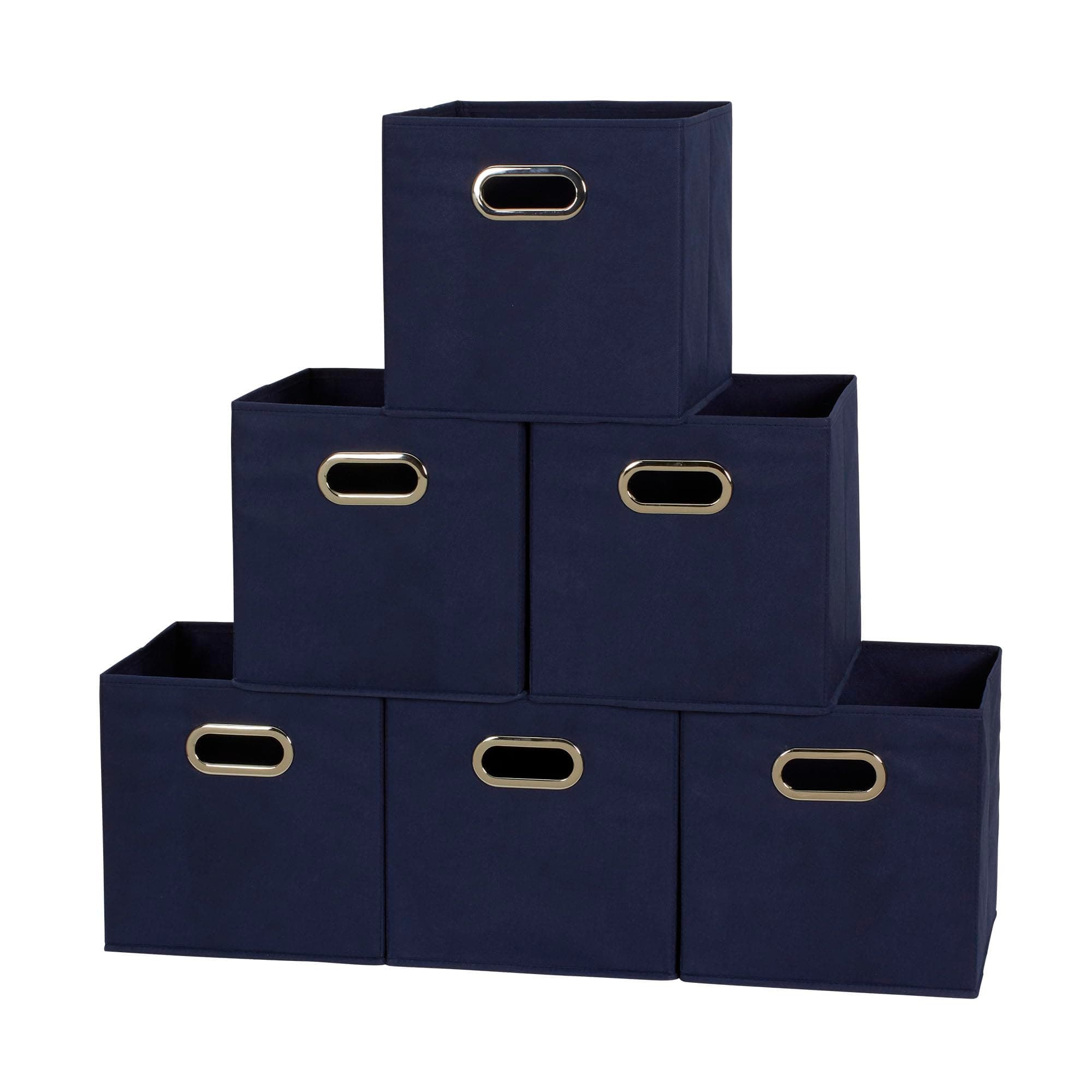 Household Essentials Fabric Storage Bins 6 Piece Set, Strong Poly-Woven Fabric, Sturdy Chipboard Sides, Grommet Front Handle, Stackable and Foldable, Classic Design, Navy