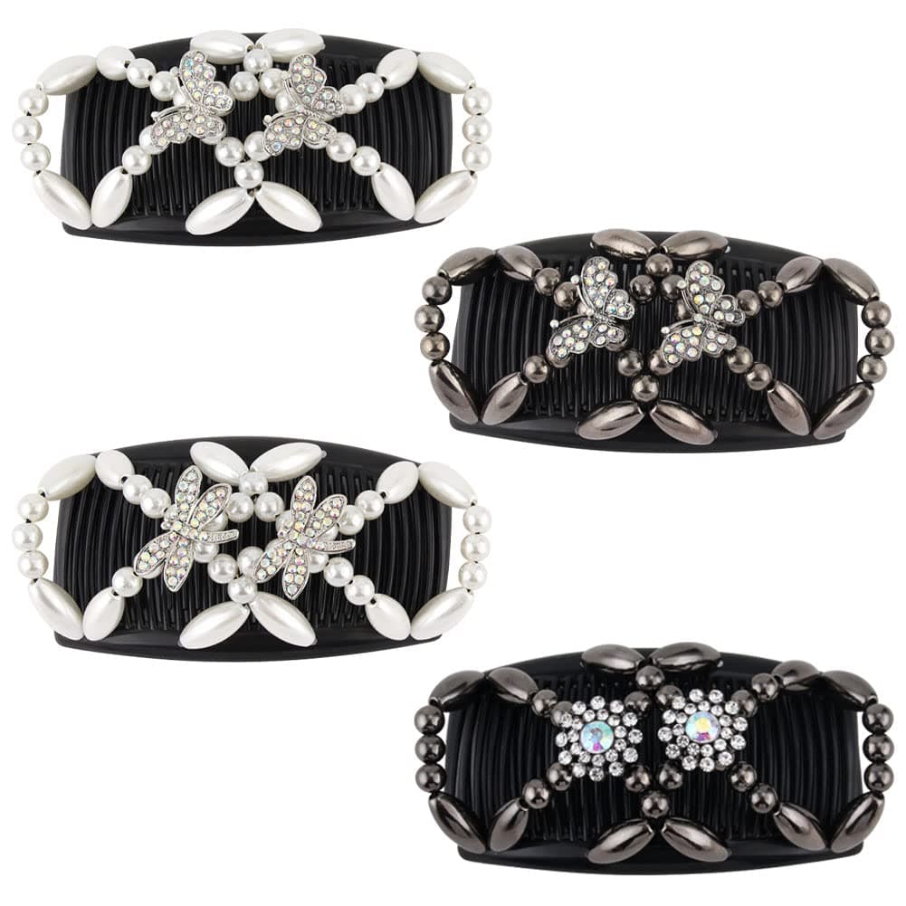 4Pcs Magic Hair Combs, Stretch Beaded Hair Combs Stretchy Double Hair Side Combs Clips Bun Maker Headwear for Women Girls DIY Hair Styling Accessories(Butterfly Dragonfly)