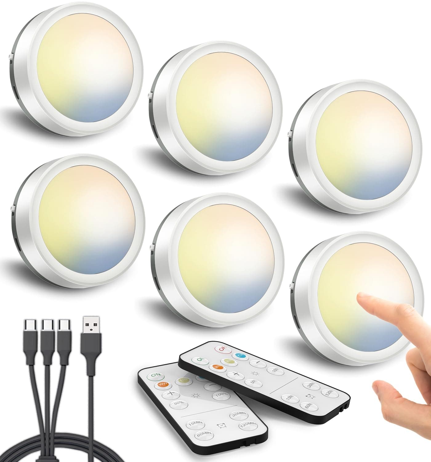 Rechargeable Puck Lights with Remote Control, 1600mAh Battery Powered Push Lights LED Stick On Lights for Closet Magnetic Tap Light USB Display Shelf Lights Kitchen Under Cabinet Press Button Lights