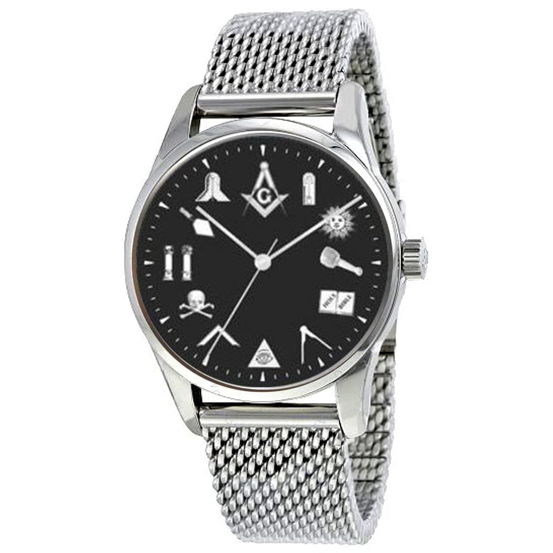 The Classic Masonic Emblem Black Dial Watch Has Adjustable Stainless Steel Mesh Band