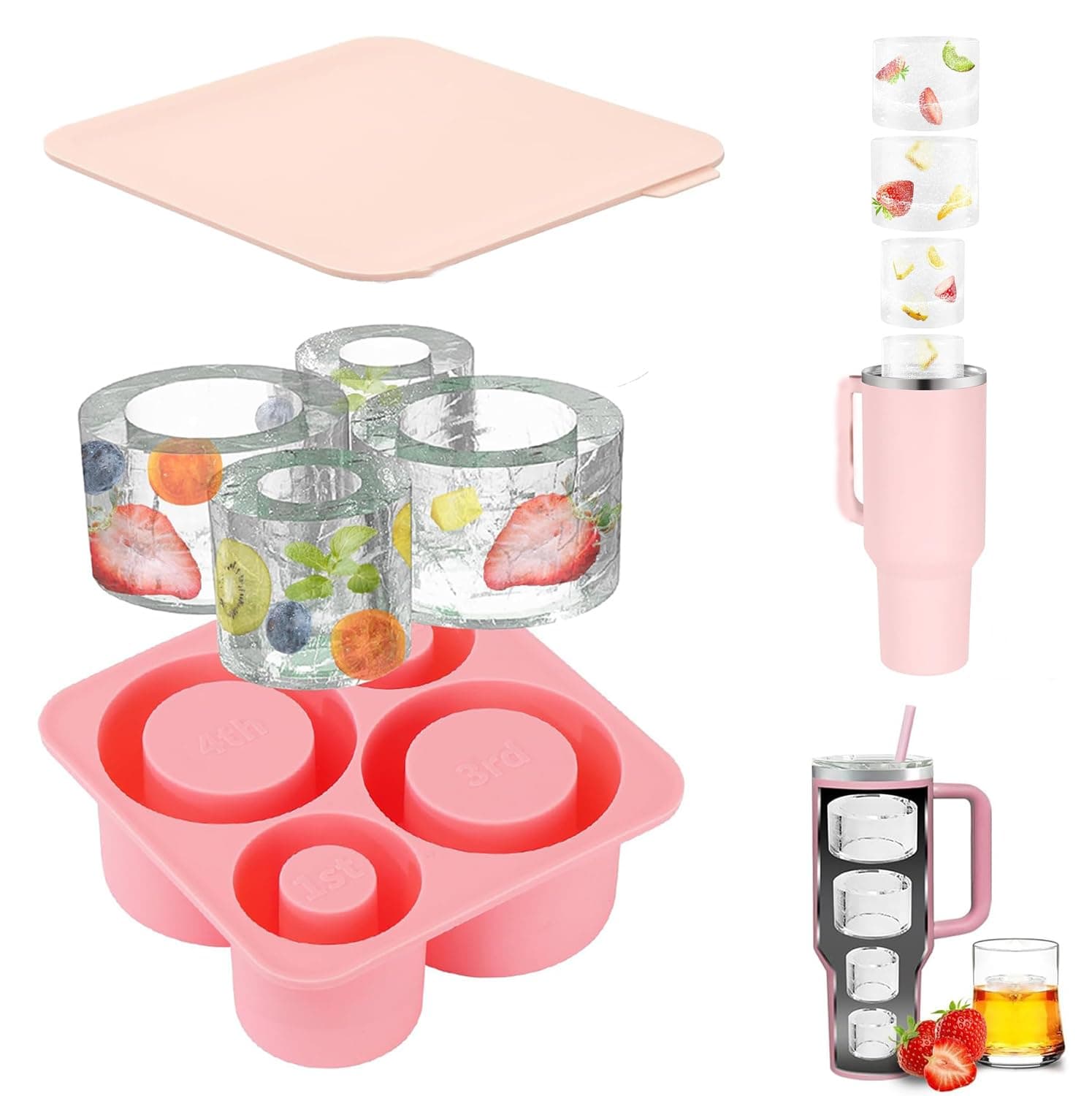 Ice Cube Tray for 20-30-40 Oz Cup - Upgrade 4-Cavity Silicone Cylinder Ice Mold with Lid, Suit 3 Sizes Easy Fill and Release Ice Maker for Chilling Drinks, Whiskey, Drinks, Coffee (Pink)