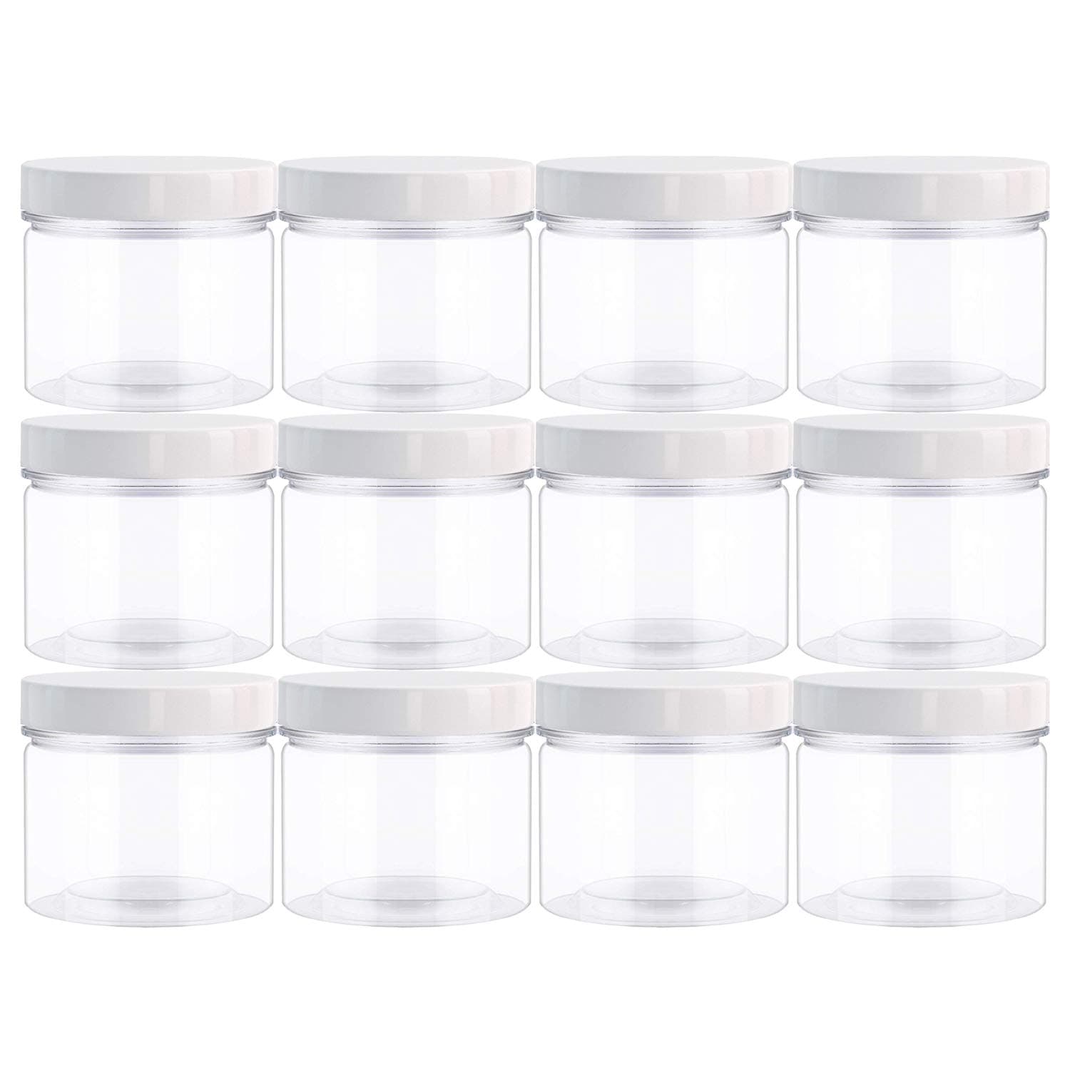 14oz (420 ml 12 Pack) Empty Clear Wide Mouth Plastic Jars with Lids and Labels -PET Containers Great for Cream,Cosmetics,Slime Storage Jars - BPA Free (White Lids)
