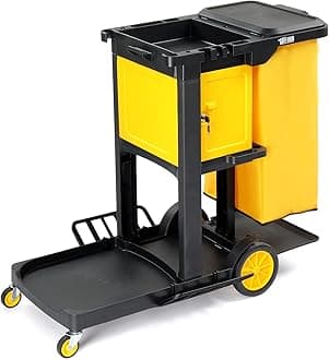 TUFFIOM Janitorial Cart with Key-Locking Cabinet, 3-Shelf Commercial Cleaning Cart, Housekeeping Caddy with Locker,Wheeled with Yellow Vinyl Bag, Black, Great for Hotel, Stores, Schools, and Business