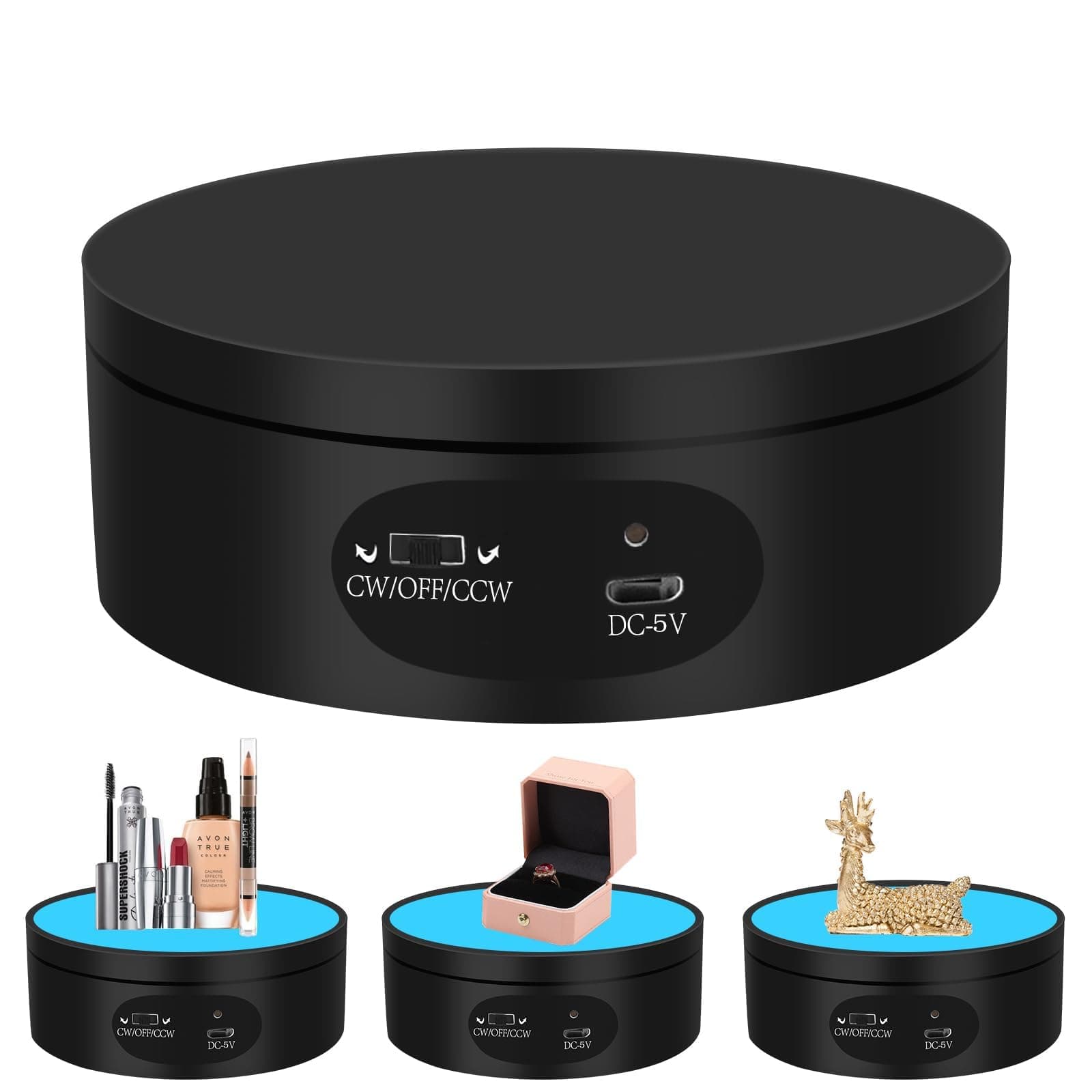 MQFORUMotorized Rotating Display Stand, 360 Degree Turntable Display Stand Background Boards, 4.7 Inch Rotating Turntable for Photography Products Shows, Toys, Jewelry, Battery/USB Power (Black)