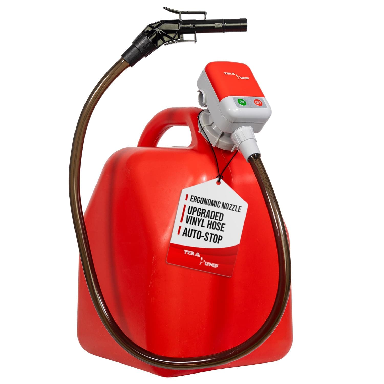 TERA PUMP 5th Gen TRFA01 Fuel Transfer Pump with Overfill Protection (2.7 GPM) Universal Gas Can Adapter, 39.4 inch Vinyl Hose, Liquid Transfer Pump for E15, E85, Gas, Diesel & More