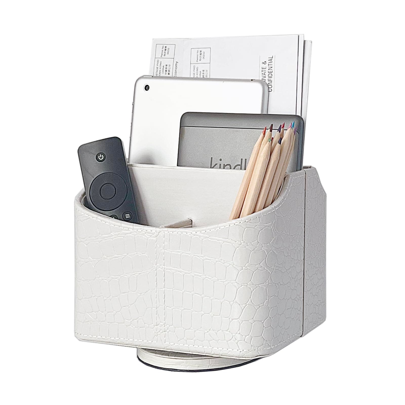 UnionBasic PU Leather Crocodile Pattern 360 Degrees Rotatable Remote Control/Controller Organizer, Spinning TV Guide/Mail/Media Desktop Organizer Caddy Holder (Crocodile White) by UnionBasic