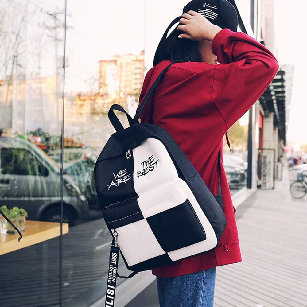 Cucsaistat Backpack Men And Women Korean Version Stitching Backpack High School Students Canvas Bag Rice White 4 Fight