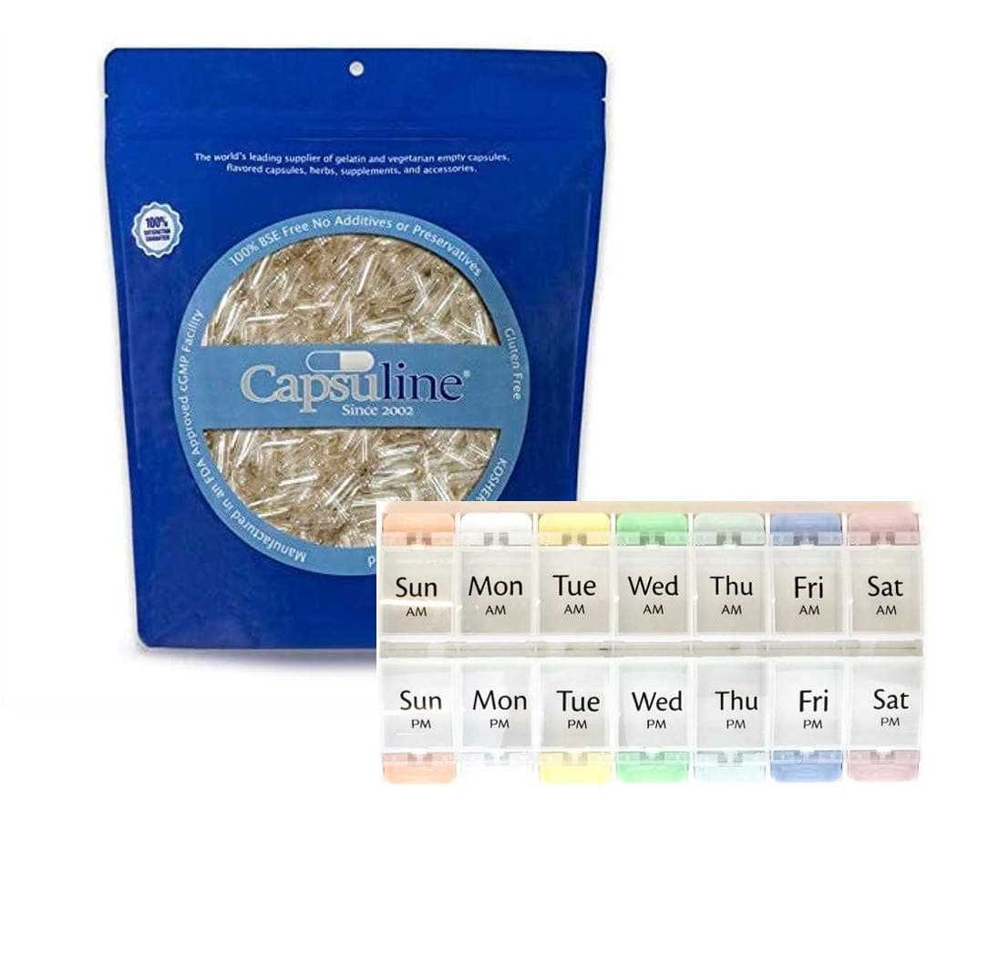 Clear Size 000 Empty Gelatin Capsule 500 Count + 7-Day Planner Organizer for Pills and Supplements