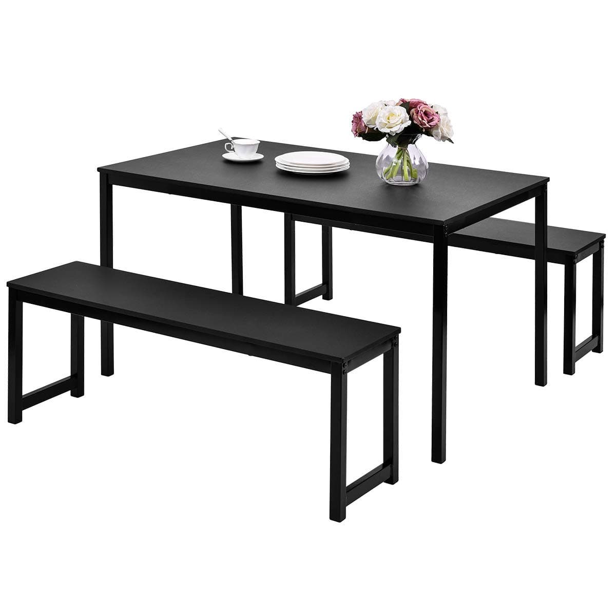 JULYFOXDining Room Set with Bench, 3 Piece Modern Rectangular Dining Tables and Chairs Set for 4-Metal and Wood for Small Spaces Black