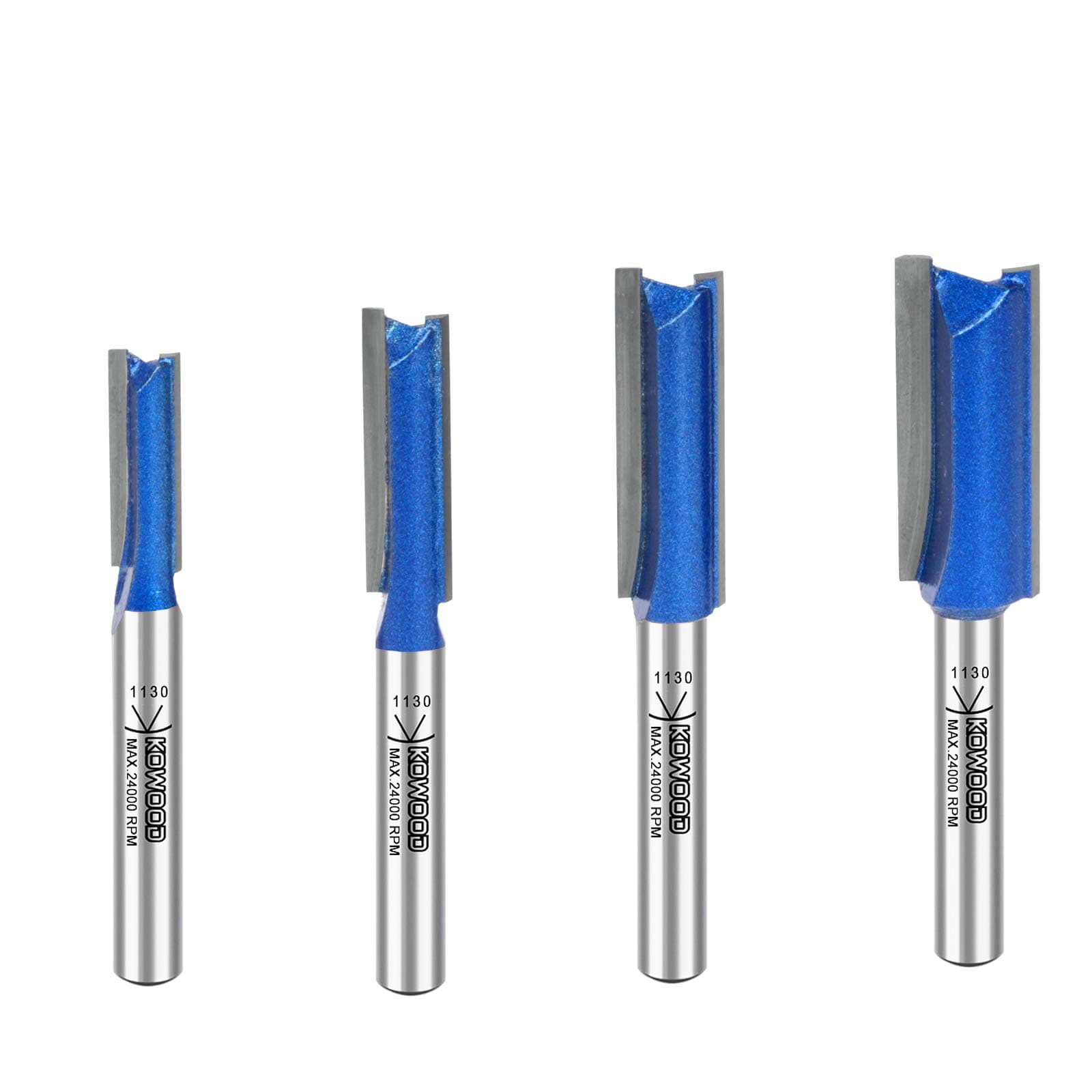 KOWOOD Plus Double Flute Straight Router Bit Set, 1/4 Inch Shank. Cutting Diameter in 1/4”, 5/16”, 3/8”, 1/2”. with Updated Kowood C3 Carbide. Great for Create Groove, dado or Hollow