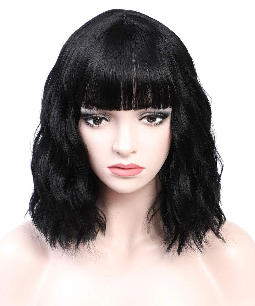 Benemge Black Wavy Wig with Bangs Medium Shoulder Length 12.5 inches Synthetic Halloween Party Wigs