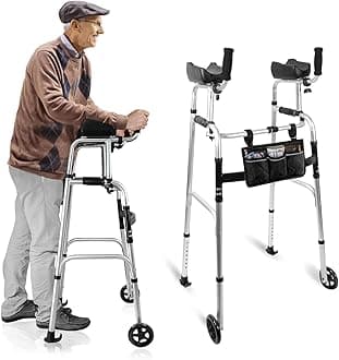 Stand Up Walker for Seniors & Elderly with 6" Bearing Wheels - Dual Mode Platform Walker, Height Adjustable Frame with Arm Support & Storage Bag, Foldable Lightweight Aluminum Upright Mobility Aid