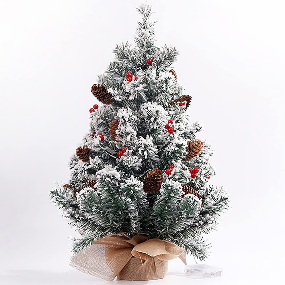Artificial Mini Snowy White Christmas Tree, 22 Inch Small Table Top Snow Flocked Christmas Tree with Lights Red Berries Pine Cones and Cloth Bag Base for Xmas Indoor Home Desk Tabletop Decoration
