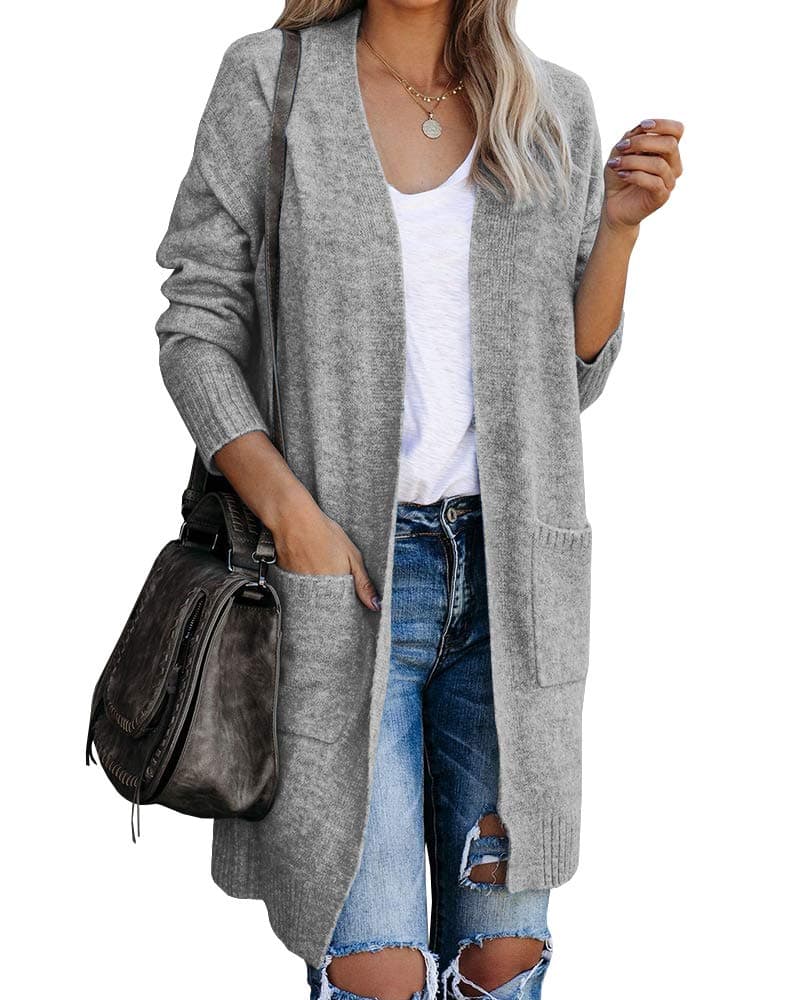 Womens Open Front Cardigans Sweater Long Sleeve Soft Casual Fall Knit Sweaters with Pockets