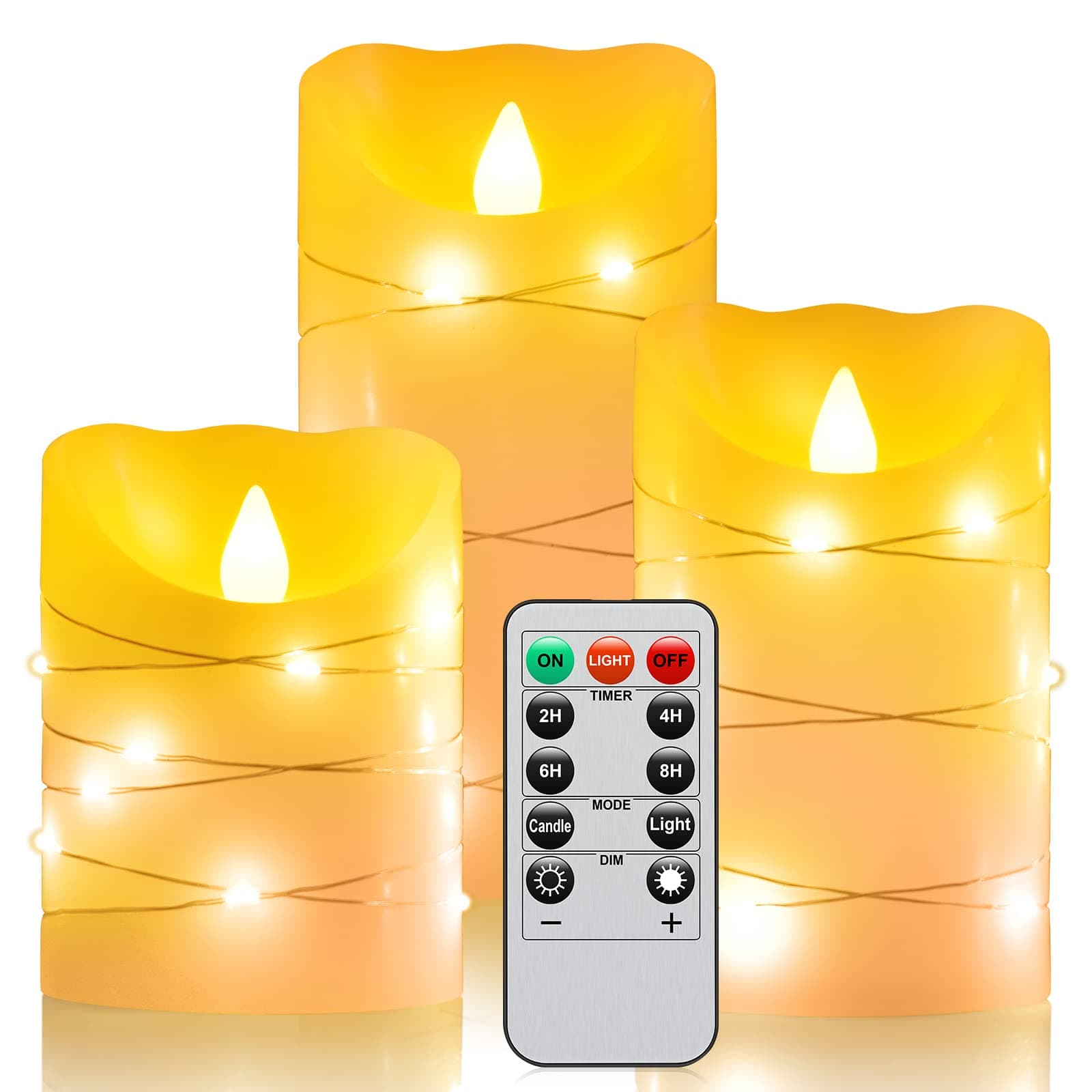 Flameless Flickering LED Candle with Remote Control, 3 Pack Battery Operated Real Wax Pillar Candle with Embedded String Lights, Ideal for Wedding, Home Decor and Holiday (Ivory)