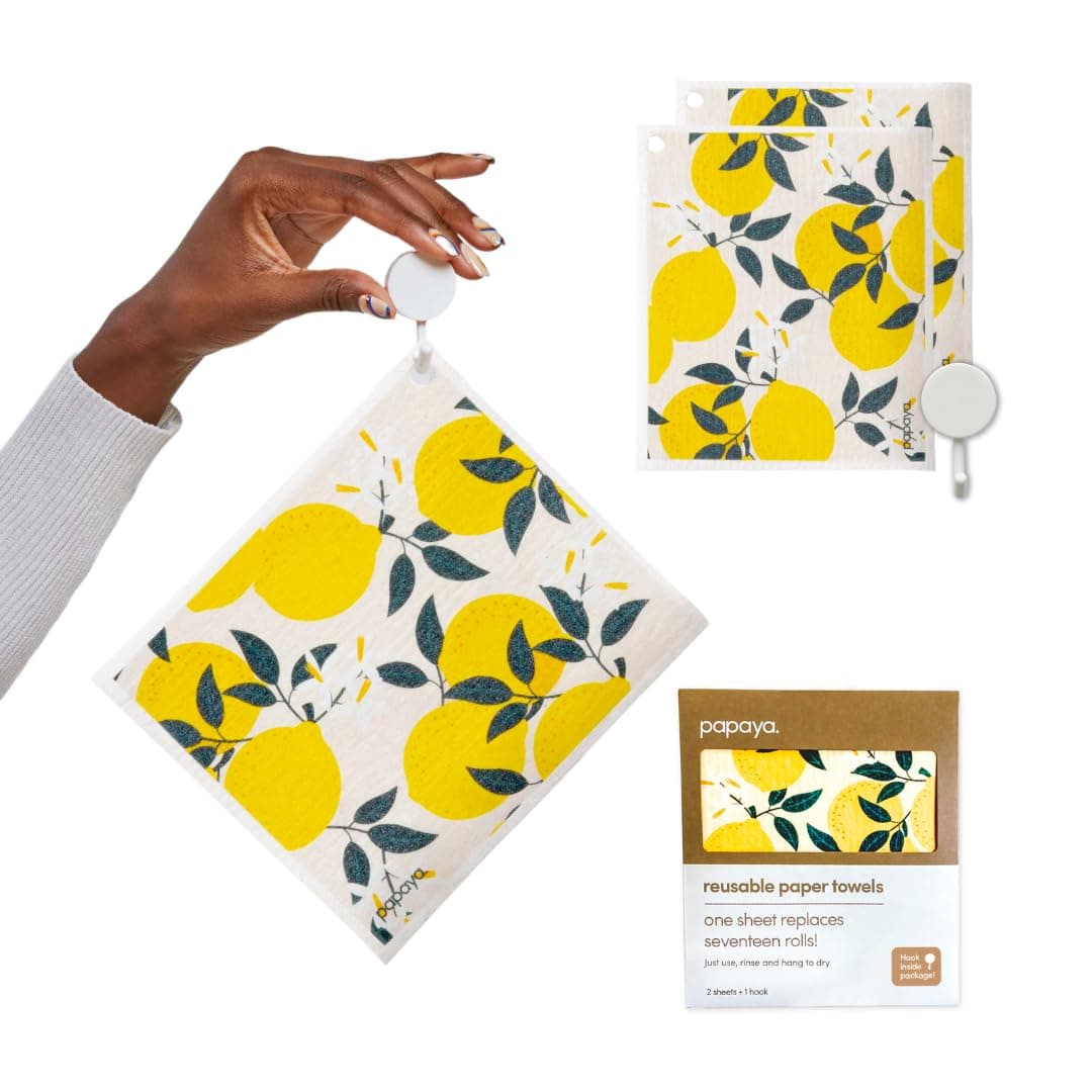 Papaya Reusable Paper Towels 2-Pack - 2 Sheets + 1 Hooks, Quick Drying, No Odor, 1 Sheet Replaces 17 Rolls, Washable Kitchen Cloth, Sustainable Dish Sponge, Eco Friendly Gift