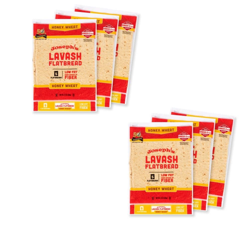 Joseph's Lavash Bread Value 6-Pack, Honey Wheat, Low Fat and Good Source of Fiber (5 Flatbreads per Pack, 30 Total), Fresh Baked