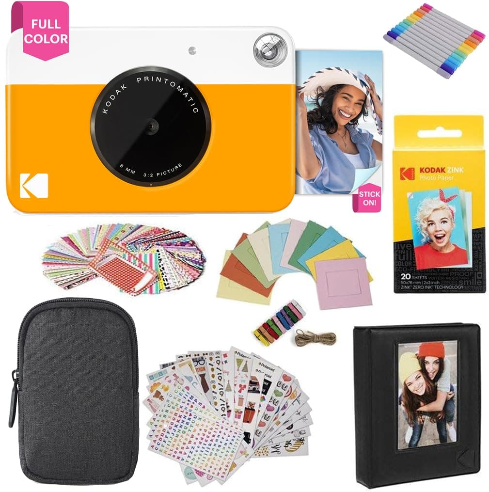 KODAK Printomatic Instant Camera (Yellow) Gift Bundle + Zink Paper (20 Sheets) + Case + 7 Sticker Sets + Markers + Photo Album
