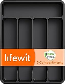 Lifewit Silverware Drawer Organizer Tray, Plastic Cutlery Storage for Kitchen, Flatware and Utensil Holder Divider for Spoons Forks Knives Tableware, 9.1 x 12.6", 5 Slots, Black