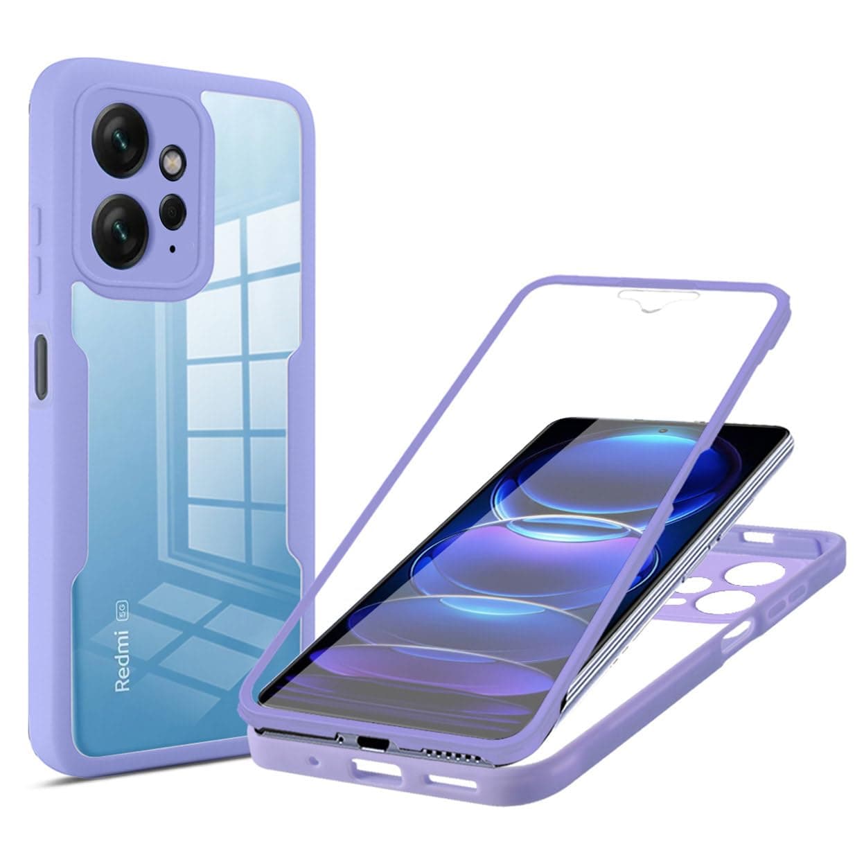 Transparent Case for Xiaomi Redmi Note 12 4G, 360 Degree Full Body Shockproof Military Grade Cover with Screen Protector, Very Thin PC + TPU Bumper Case Purple
