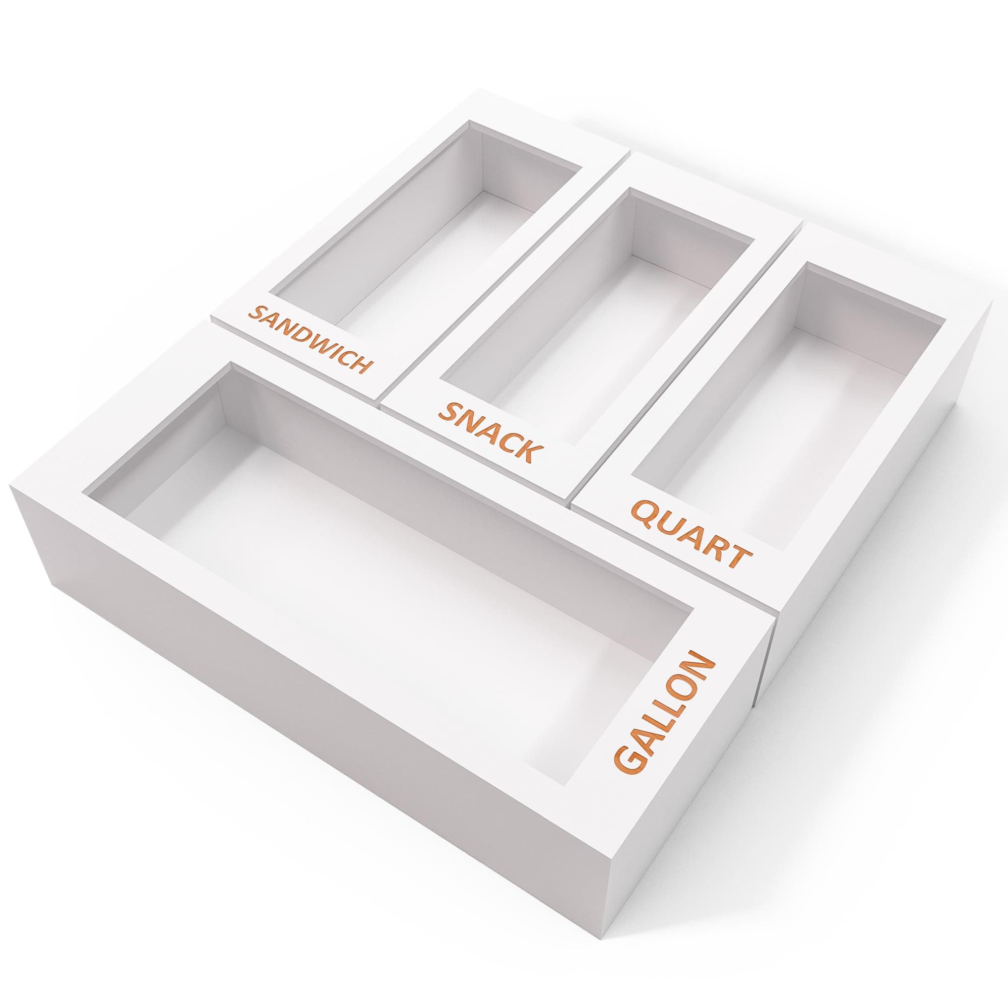 DALSHABET Bamboo Storage Bag Organizer for Kitchen Drawer, 4 Separate Food Storage Bag Organizer, 12x14 Baggie Organizer Dispenser for All Brands Gallon, Snack, Sandwich & Quart Slider Bags White