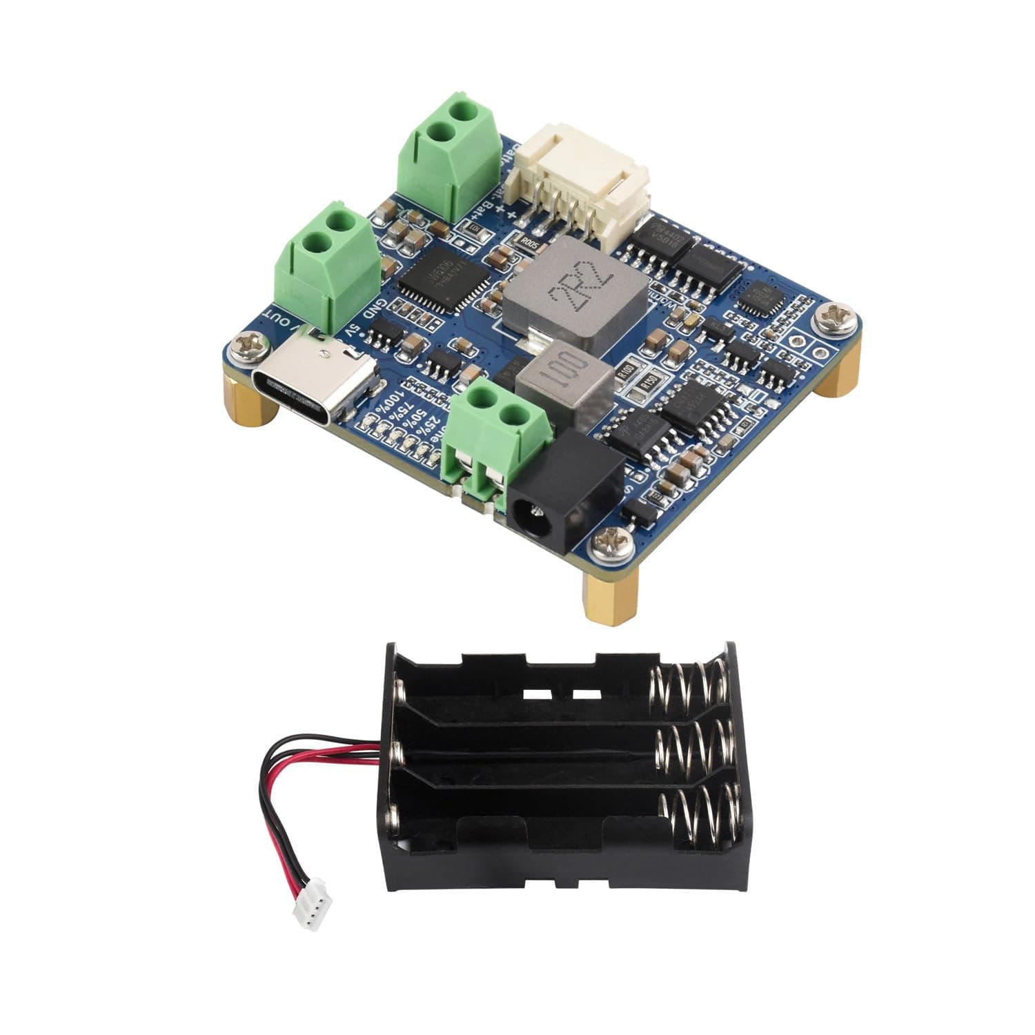 Waveshare Solar Power Manager Module (D), Solar Charge Controller USB, Supports 6V~24V Solar Panel and Type-C Power Adapter, 5V/3A Regulated Output, with Battery Holder (Batteries are Not Included)