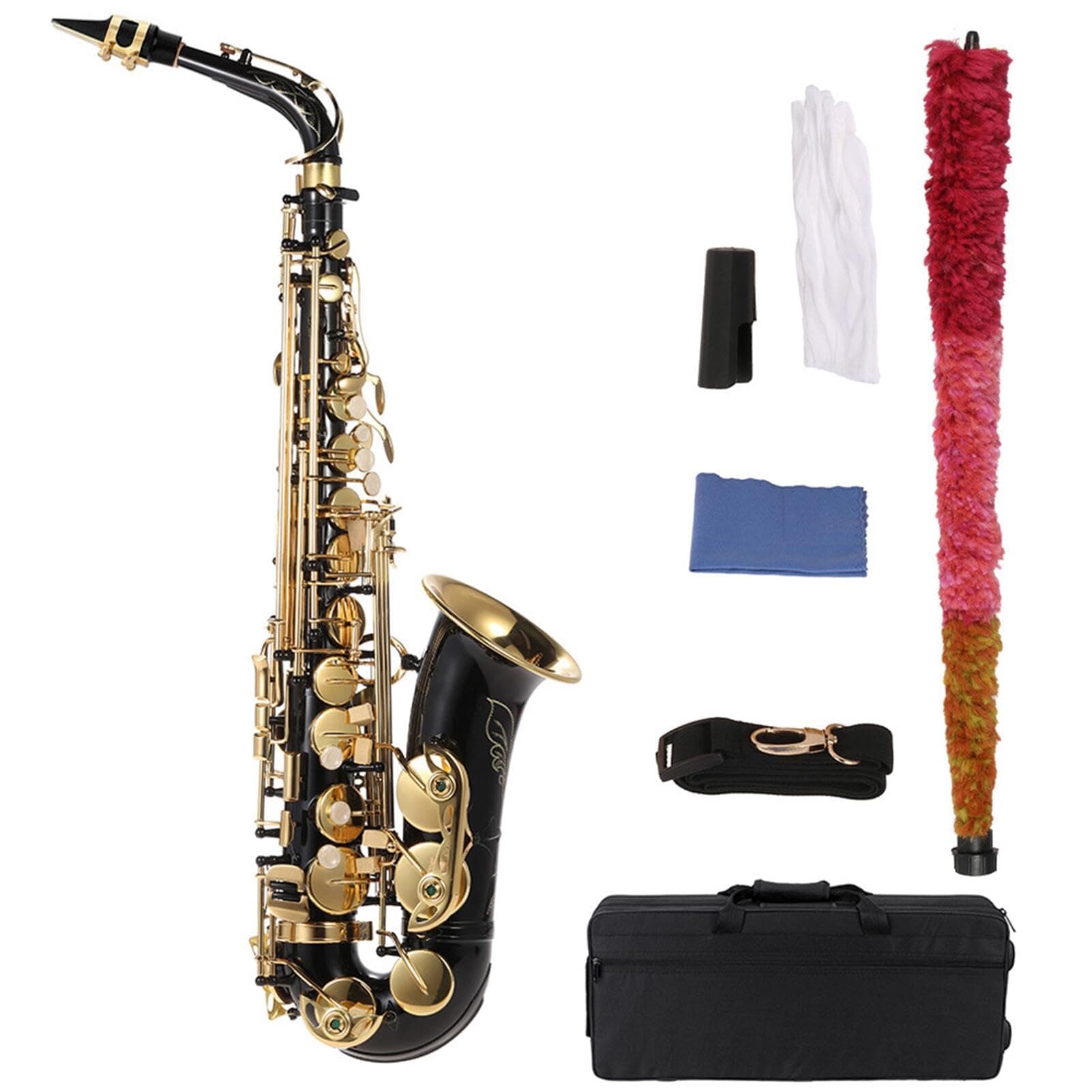 Golden Lacquered Brass Saxophone With E Flat Note, Alto-Saxophone, Key Type 82z, Wind Instrument, Wood, With Brush, Cloth, Gloves, Padded Strap