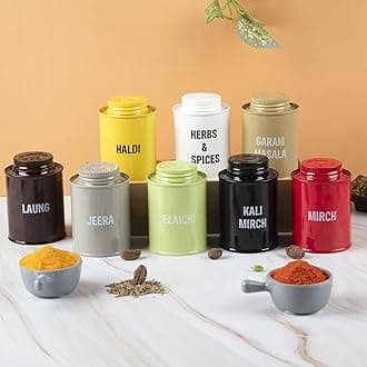 MARKET 99 Mild Steel Spice Jar Set of 8 (250ml Each) | Multicolor Cylindrical Masala Containers with Glossy Finish | Kitchen Storage Jars for Spices, Condiments, Herbs & Seasonings