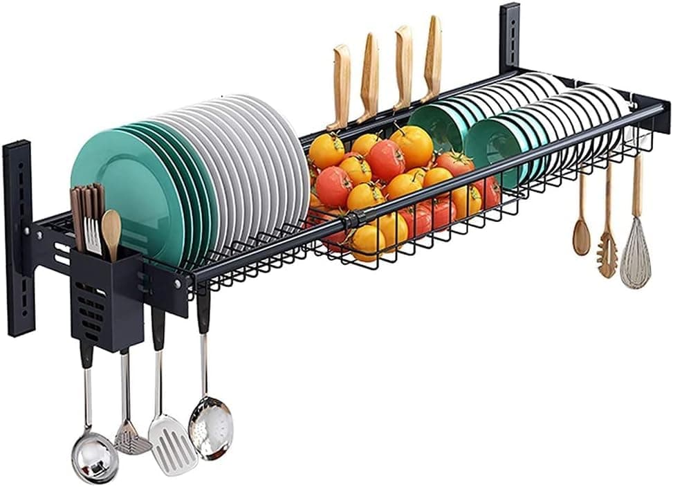 Large Capacity Adjsutable Over The Sink Dish Drying Rack, Wall Mounted Dish Drainer Rack With Hanging Utensil Holder For Kitchen Storage Orgainzer