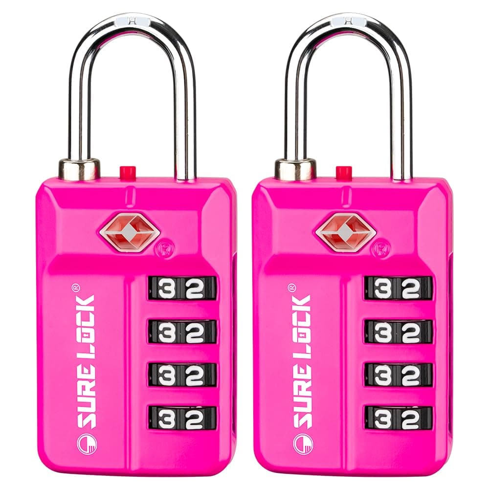 SURE LOCK TSA Approved 4-Digit Resettable Combination Luggage Locks with Open Alert, Easy-Read Dials - for Luggage, School Lockers, Gym, Office, Toolbox & Security Cases (Pink 2 Pack)