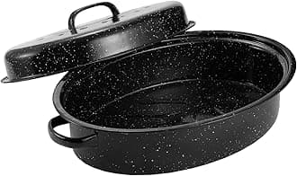 Granite Roasting Pan, Medium 15.7” Enameled Roasting Pan with Domed Lid. Oval Turkey Roaster Pot, Broiler Pan Great for Small Turkey, Chicken, Ham, Dishwasher Safe Fit for Roast Bird by Kendane