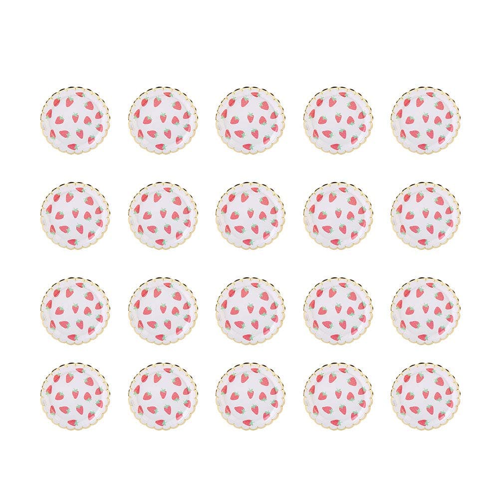 FUNZZY 20 Pcs Strawberry Plates Sets Disposable Paper Fruit Tableware Food Plates Birthday Party Supplies (7 Inch)