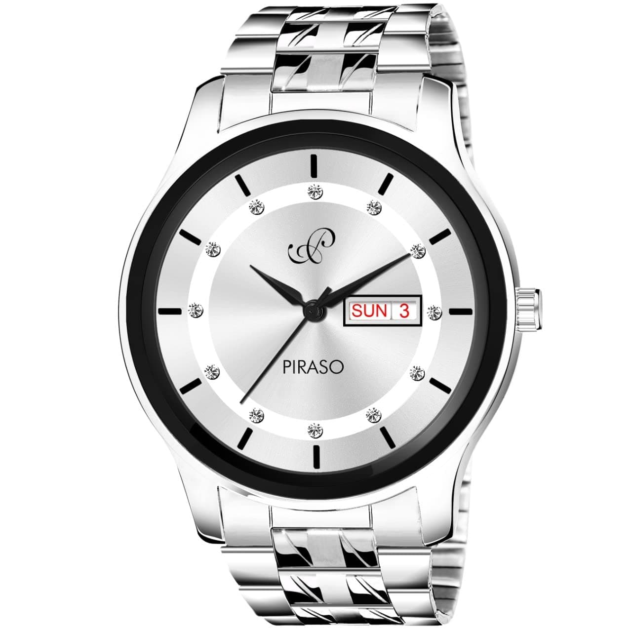 PIRASO Analog Mens Watch Black Silver Dial Silver Colored Strap Stainless Steel Material