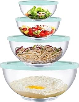 Glass Mixing Bowls with Lids Set, 8 Pieces Glass Salad Bowl Set with Lids(0.5L, 1.0L, 2.0L, 3.5L), High Brosilicate Microwave Bowls for Kitchen Baking, Prepping Serving and Storage